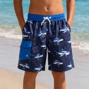 Boys Shark Swim Trunks M 8-10 Blue Ocean Print Bathing Suit Shorts